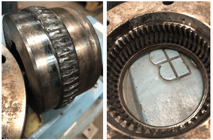 Photos of the shaft of the gearbox showing damage.