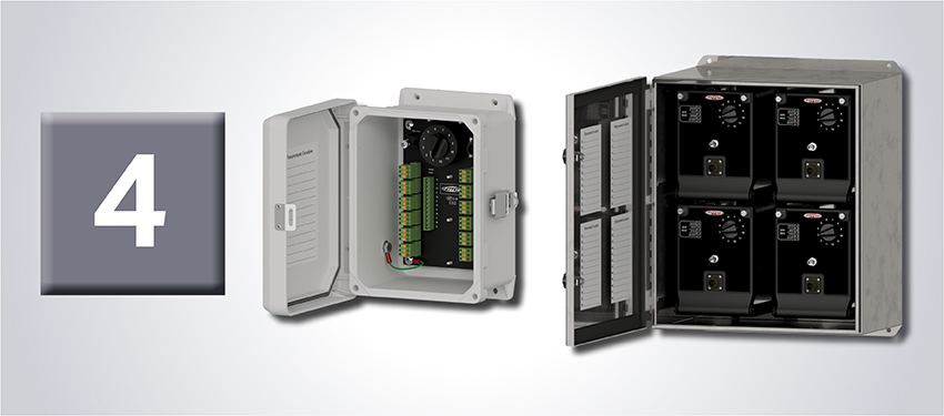 Vibration System Component #4 -  a CTC Line stainless steel, 48-channel Junction Box, and a fiberglass 12-channel switch box with front panels open, on a grey gradient background