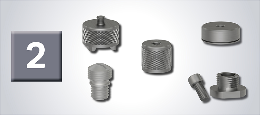 Vibration System Component #2 - an image of CTC line portable and permanent mounting hardware including a mounting bolt, a mounting magnet, and a quick disconnect kit, on a grey gradient background