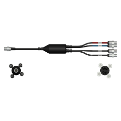 An render of a CTC CMX2277 data collector adapter with red, blue, grey, and black heat shrinks.