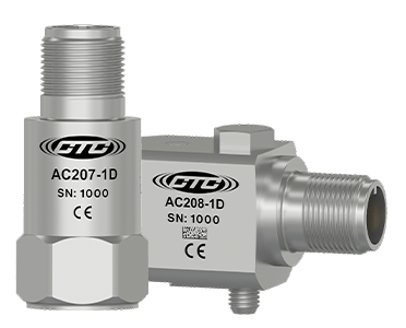 A render of CTC AC207 and AC208 standard size top and side exit accelerometers