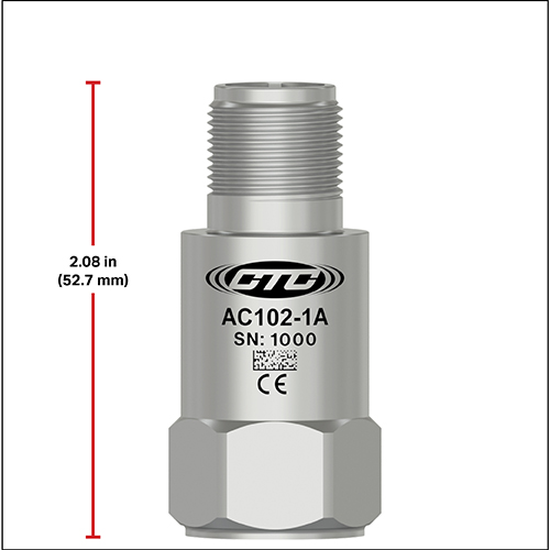 A CTC standard size top exit accelerometer next to a red measurement line showing a height of 2.08 inches (52.7 millimeters)