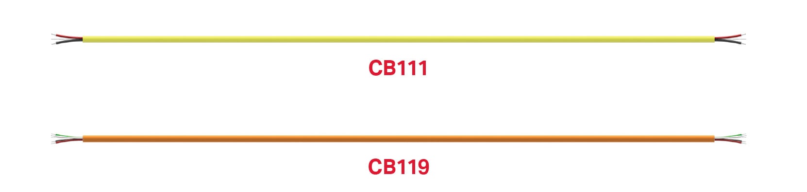 yellow FEP jacketed cable and orange FEP jacketed cabled, with exposed conductor wires at either end