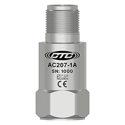 A render of a CTC AC207 standard size top exit vibration sensor equivalent to Emerson/CSI A0420HT.