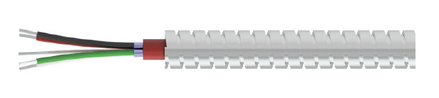side view of CTC's CB218 red FEP jacketed cable with stainless steel outer armor