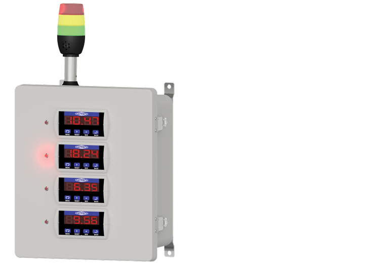 A render of a PMX Series enclosure with tricolor stack light and four display panels.