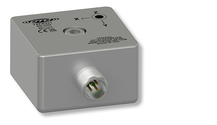a side exit, standard size, stainless steel triaxial industrial sensor with Z, X, and Y Axis Labels