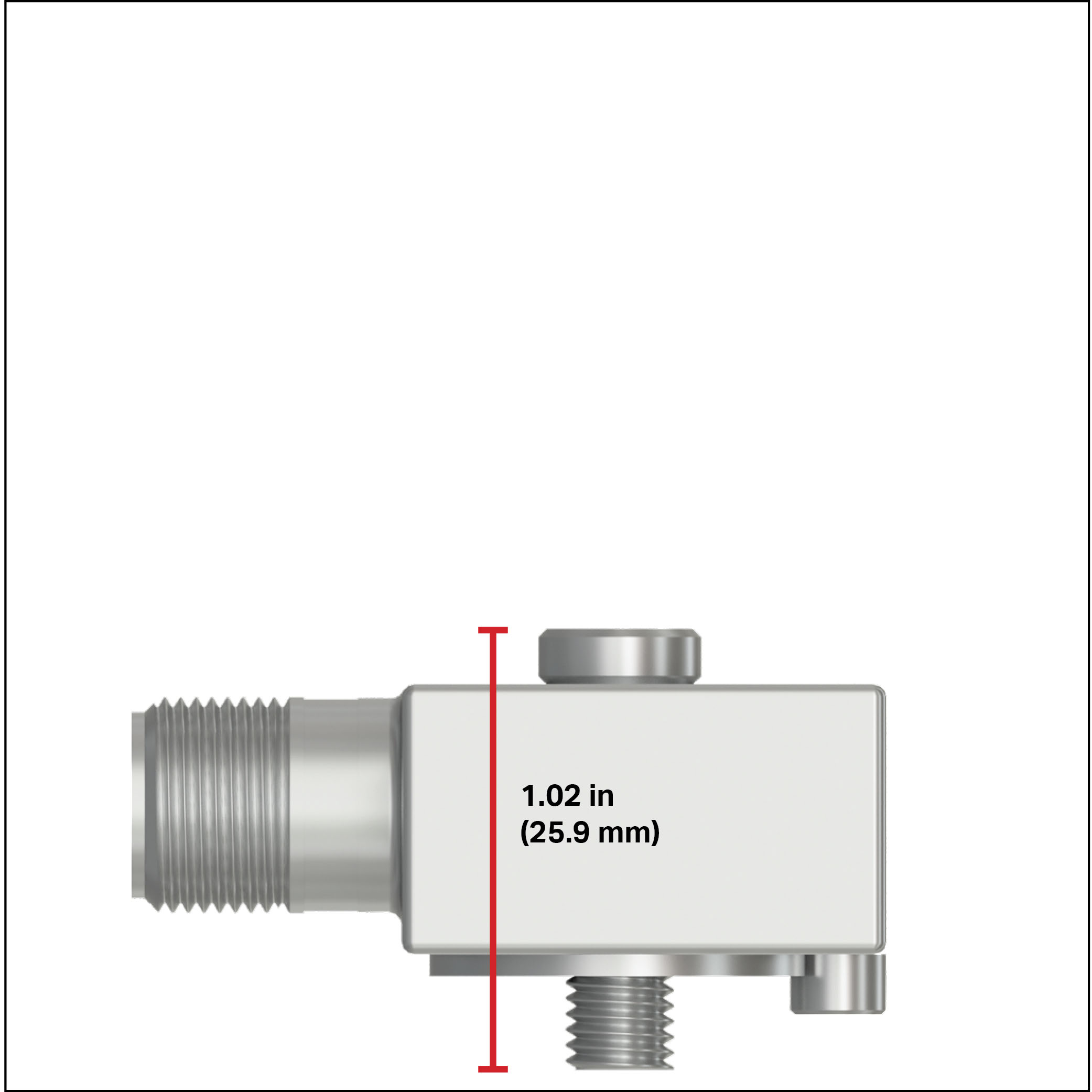 CTC mini size side exit accelerometer with a red measurement line showing a height of 1.02 inches (25.9 millimeters)