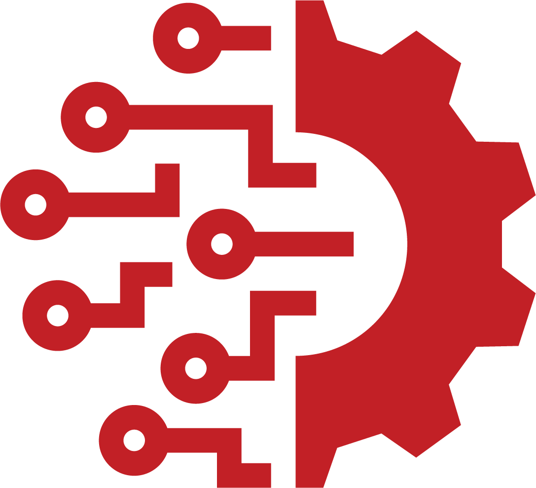 a red icon showing half of a cog gear and connectivity lines representing the concept of vibration sensor technology
