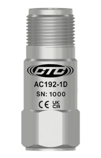 AC192 stainless steel, top exit, compact size vibration monitoring sensor with CE and UKCA certification logos engraved on front of case along with part number and serial number