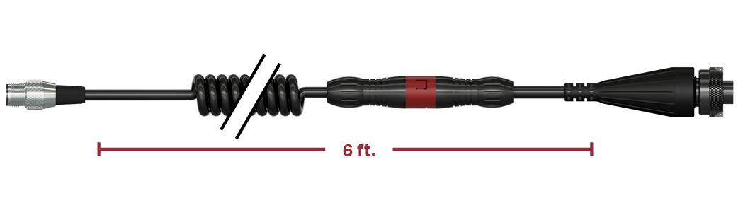 A render of CTC CB104-C555E-006-D2CE-SF cable and connector assembly with safety feature and coiled cable.