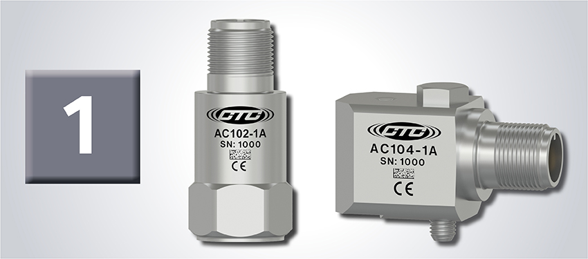 Vibration System Component #1 - an image of a CTC AC102 standard size top exit vibration monitoring sensor and anAC104 standard size side exit vibration monitoring sensor on a grey gradient background