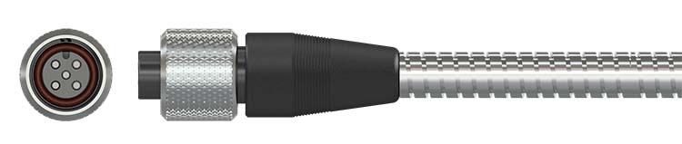 A side and face-on view of a CTC M4TR4 connector on a stainless steel armor jacketed cable.