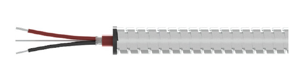 side view of CTC's CB206 red FEP jacketed cable with stainless steel outer armor