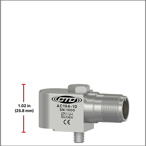 A CTC compact size side exit accelerometer next to a red measurement line showing a height of 1.02 inches (25.8 millimeters)