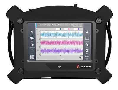 Hand-held ACOEM Falcon Data Collector with data charts on screen.