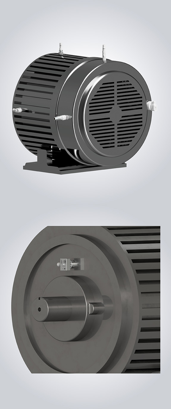 CTC top exit sensors mounted on an industrial engine, and a side exit triaxial sensor mounted on an engine, on a grey gradient background