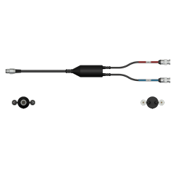 A render of a CTC CMX2261-F data collector adapter with red and blue heat shrinks.
