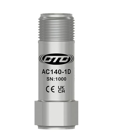 A stainless steel, top exit miniature sized AC140-1D Condition Monitoring Sensors with CE and UKCA certification engravings