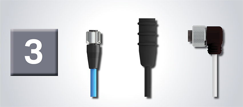 Vibration System Component #3 - an image of assorted CTC line connectors and cables including a right-angle molded PPS connector, a silicone boot connector, and a nylon molded connector with backshell, on a grey gradient background